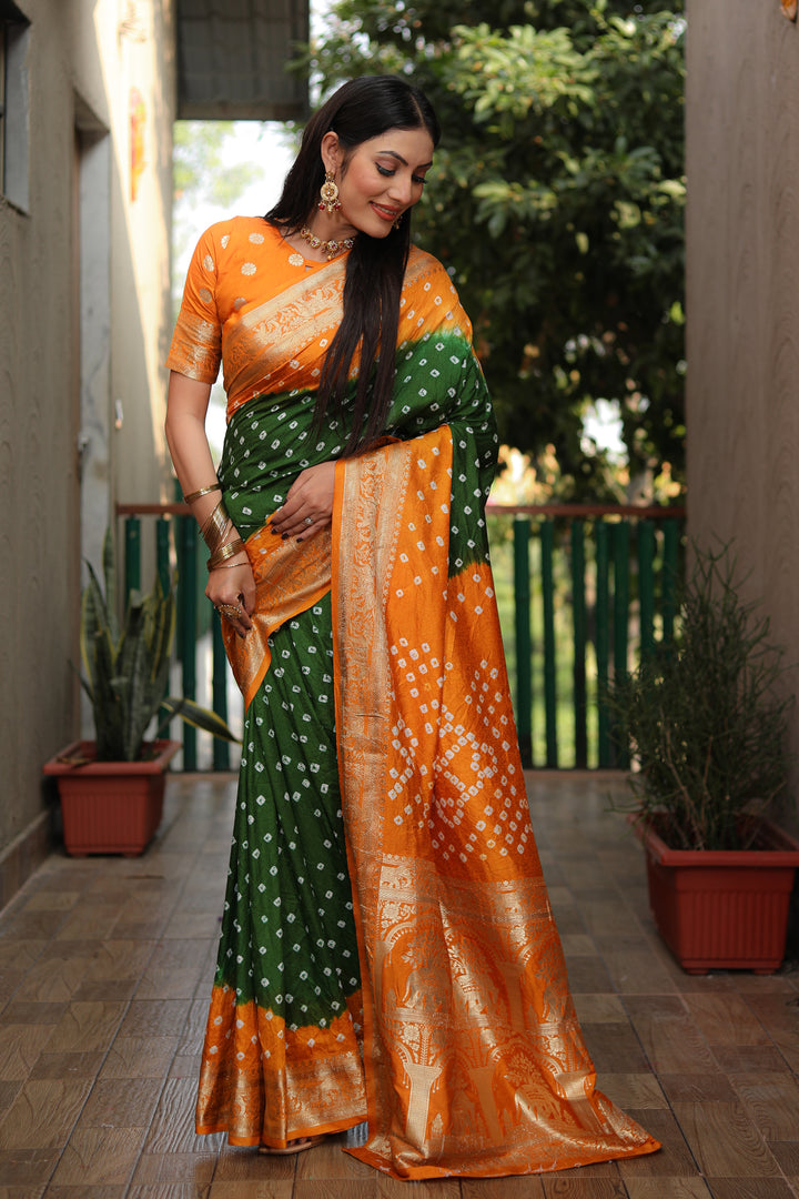 Multi Vahini Pure Bandhej Silk Saree With Bandhej Border & Zari Weaving Rich Tissue Pallu