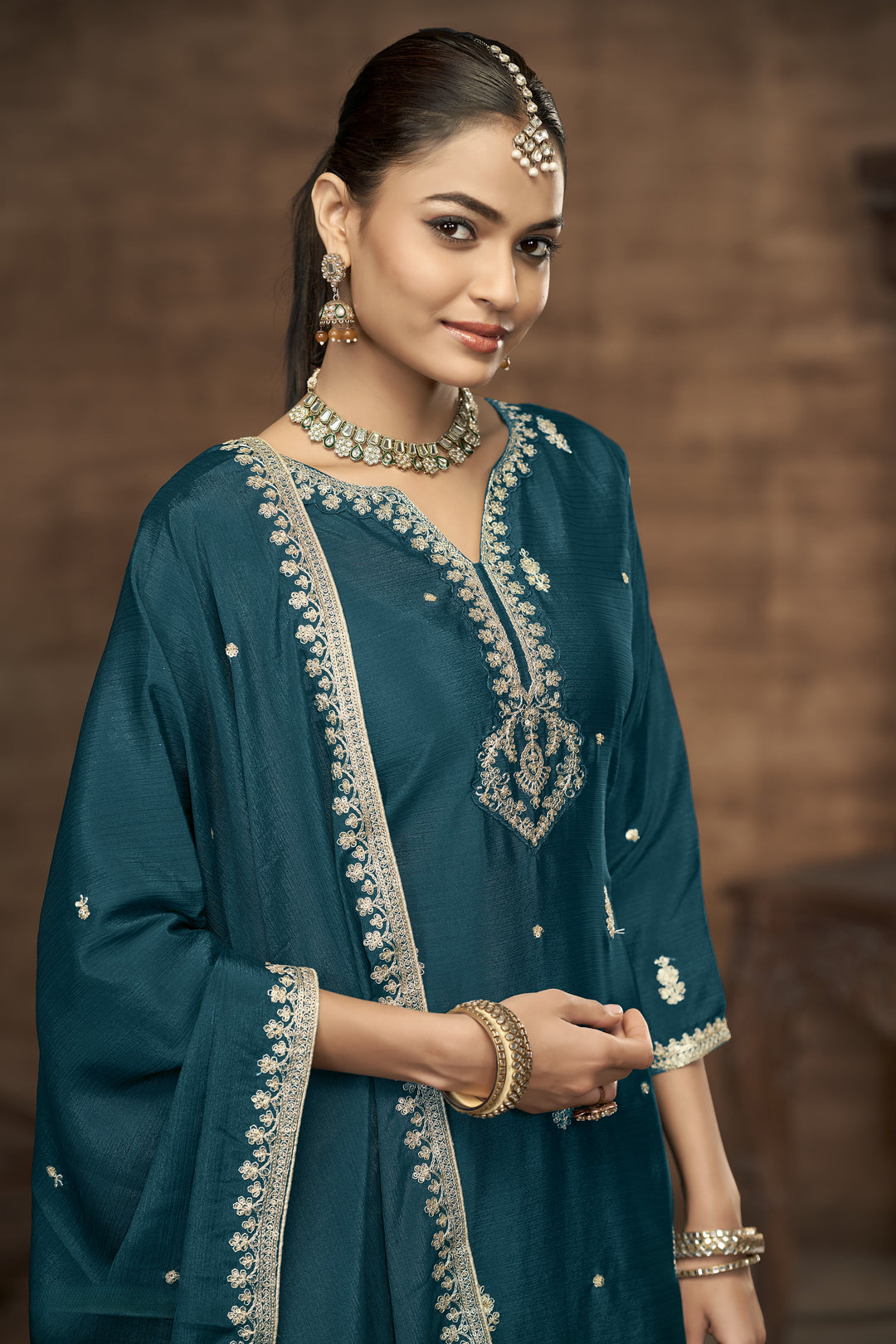 Teal Color Chinnon With Embroidery And Sequins Work Top And Plazo