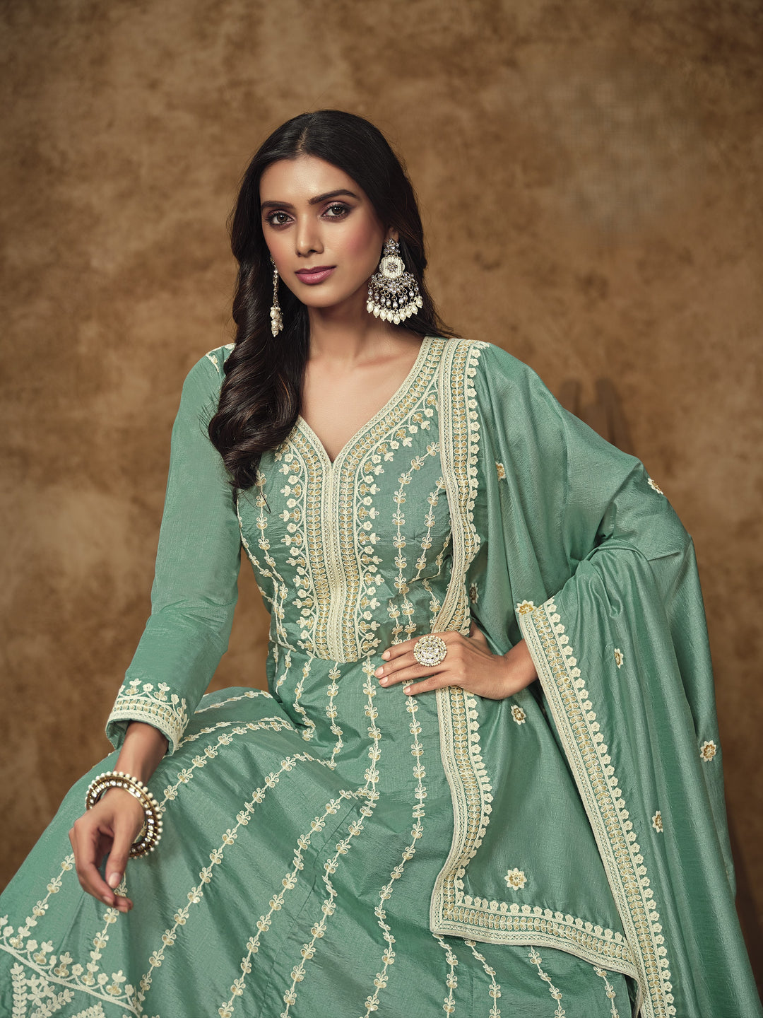 Sea Green Color Dolla Silk With Embroidery And Sequins Work Anarkali Dress