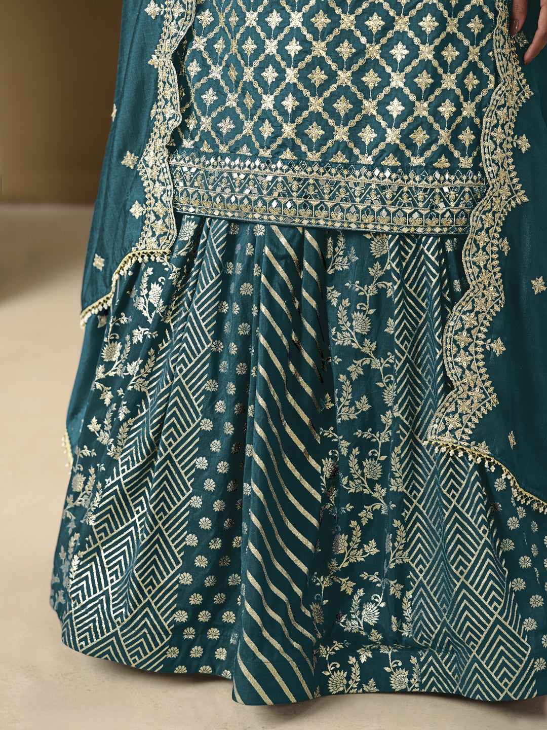 Sea Green Color Art Silk With Embroidery And Sequins Work Top And Lehenga