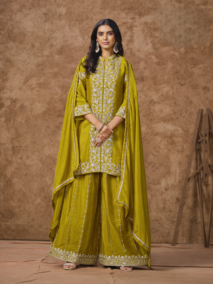 Mehendi Color Chinnon With Embroidery And Sequins Work Top And Plazo