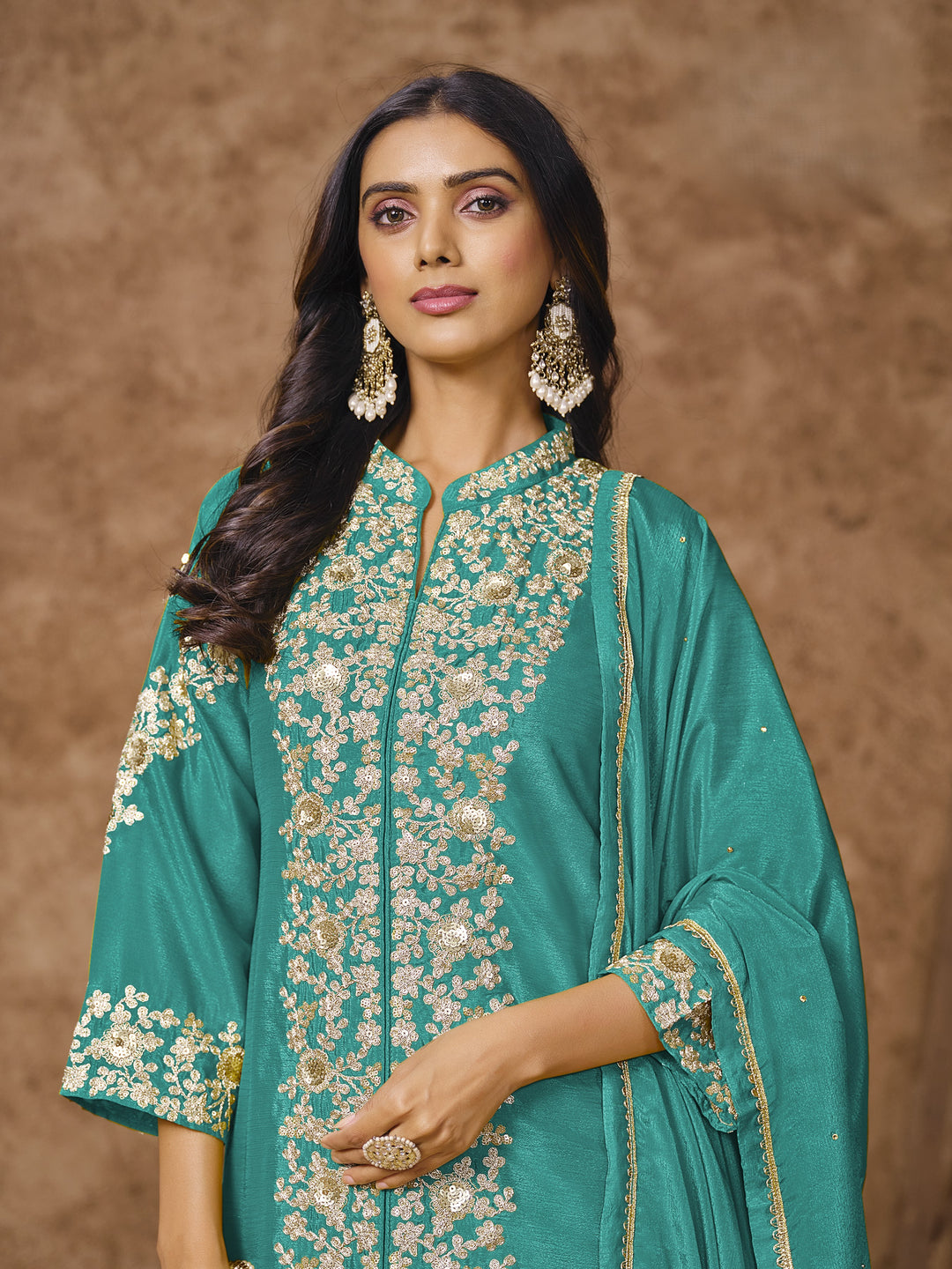 Sea Green Color Chinnon With Embroidery And Sequins Work Top And Plazo