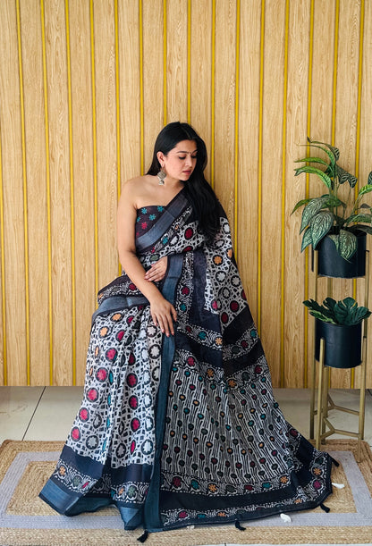 White Shukriya Soft Linen Cotton Digital Print Saree With Batik Print With Silver Border