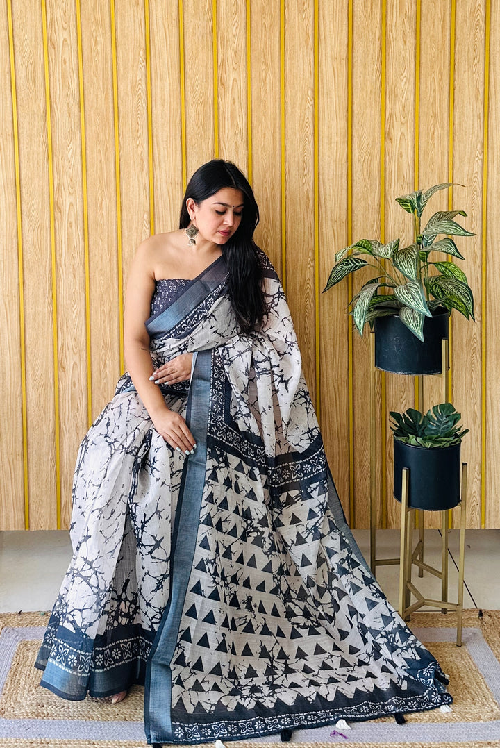 Black And White Aarya-2 Soft Linen Cotton Digital Print Sarees With Batik Print With Silver Border