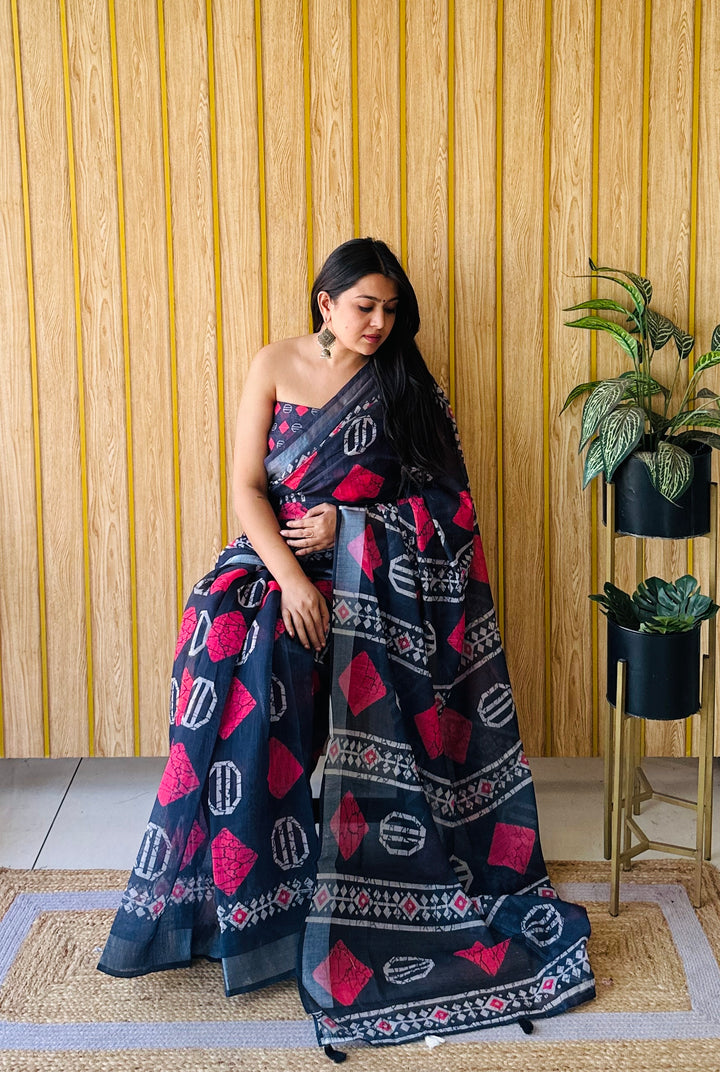 Black Khushboo Soft Linen Cotton Digital Print Sarees With Batik Print With Silver Border