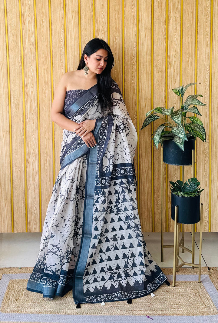 Black And White Aarya-2 Soft Linen Cotton Digital Print Sarees With Batik Print With Silver Border