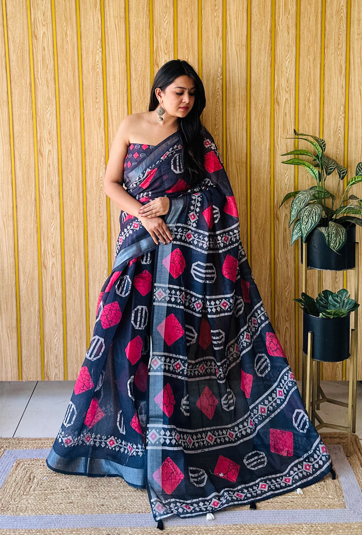 Black Khushboo Soft Linen Cotton Digital Print Sarees With Batik Print With Silver Border