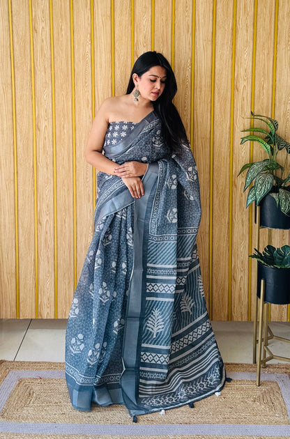 Echo Gray Namrata Soft Linen Cotton Digital Print Sarees With Batik Print With Silver Border