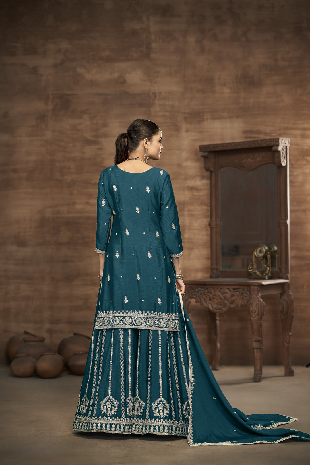 Teal Color Chinnon With Embroidery And Sequins Work Top And Plazo