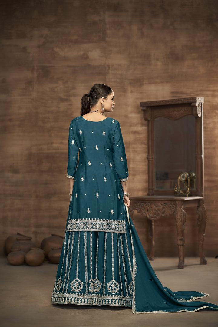 Teal Color Chinnon With Embroidery And Sequins Work Top And Plazo
