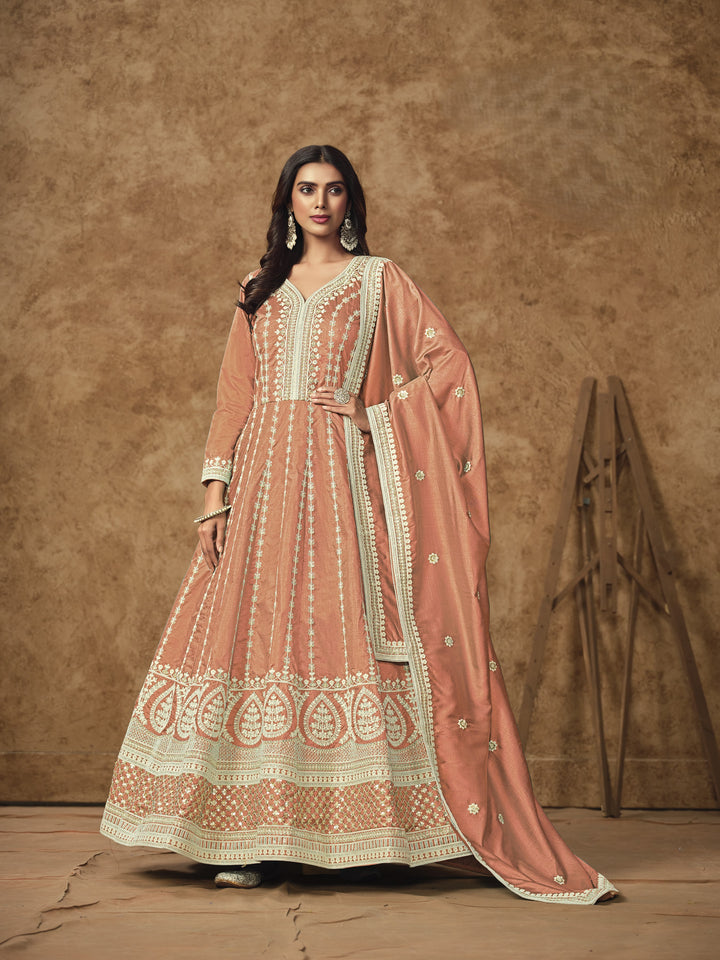 Peach Color Dolla Silk With Embroidery And Sequins Work Anarkali Dress