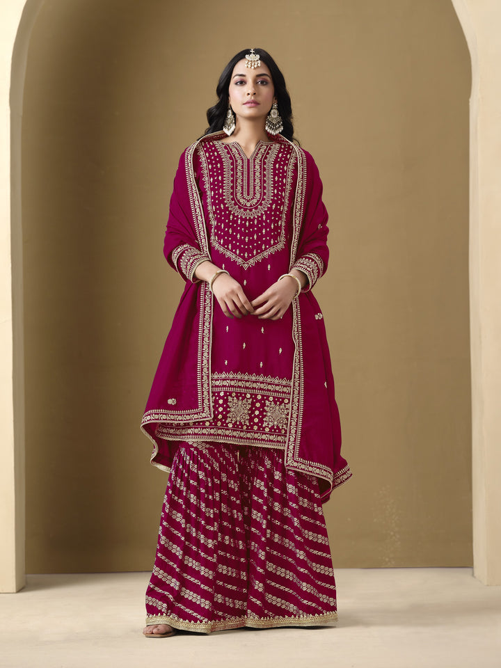Pink Color Art Silk With Embroidery And Sequins Work Top And Plazzo
