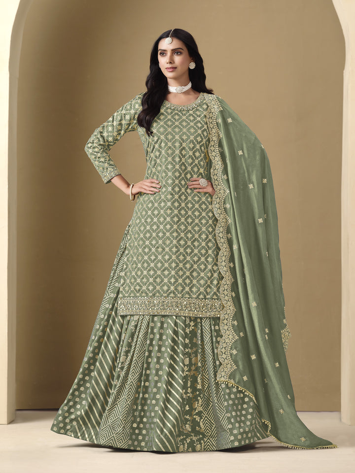 Light Green Color Art Silk With Embroidery And Sequins Work Top And Lehenga
