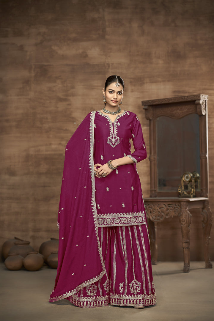 Dark Pink Color Chinnon With Embroidery And Sequins Work Top And Plazo