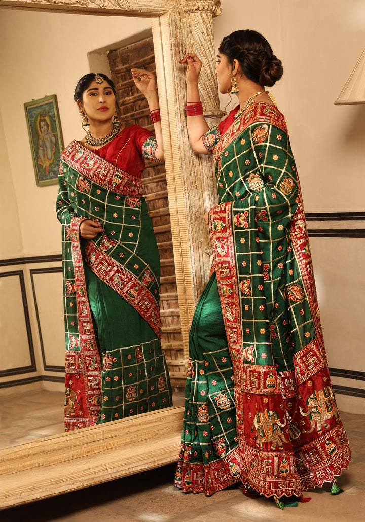 Green Colour Embroiderd Panter Patola Saree For Special Occasion