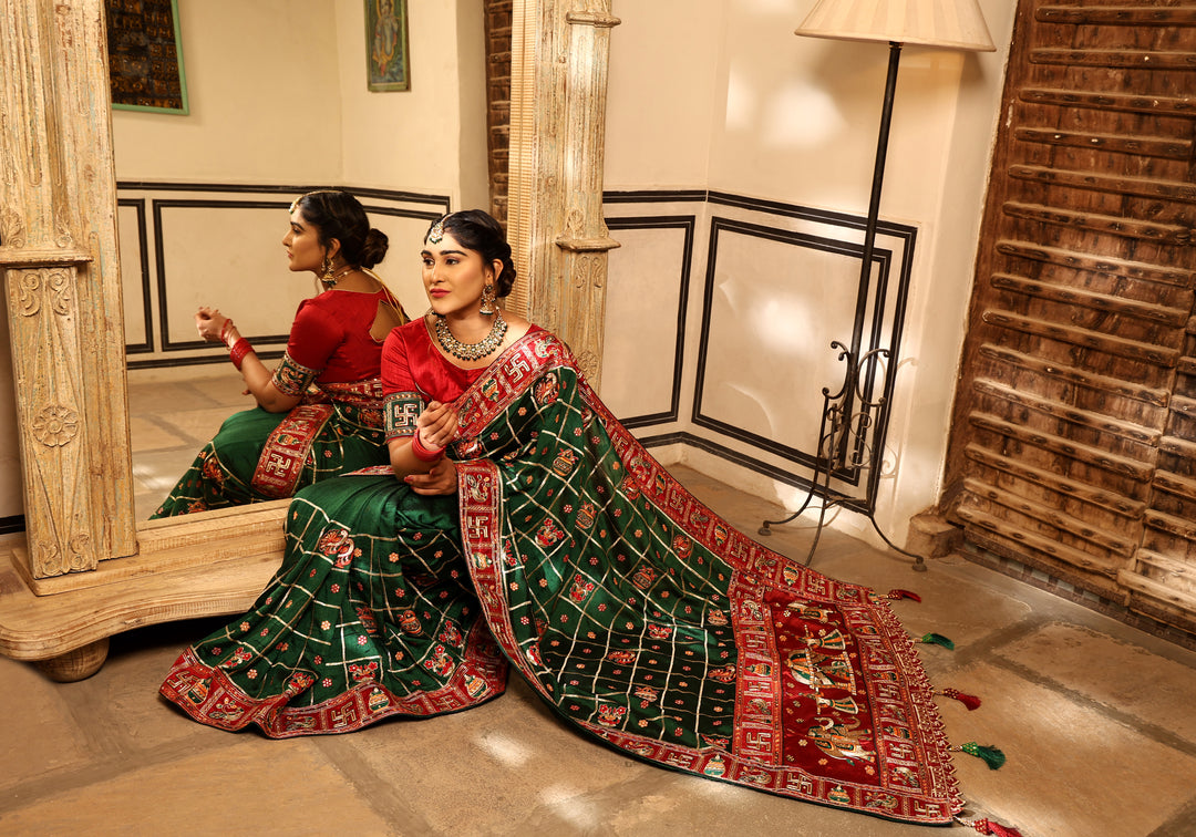 Green Colour Embroiderd Panter Patola Saree For Special Occasion