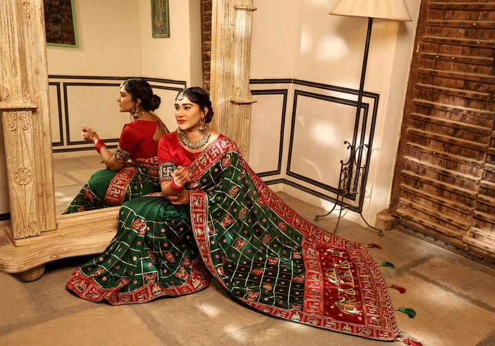 Green Colour Embroiderd Panter Patola Saree For Special Occasion