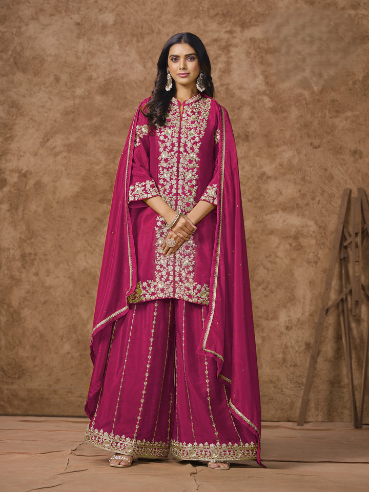 Dark Pink Color Chinnon With Embroidery And Sequins Work Top And Plazo