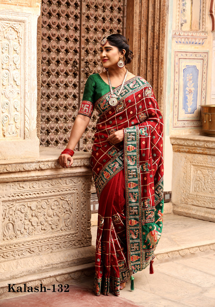 Maroon Colour Embroiderd Panter Patola Saree For Special Occasion
