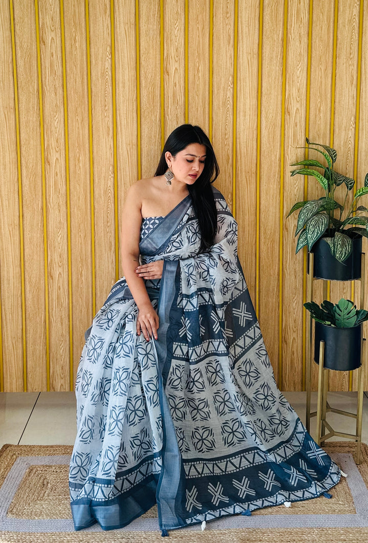Anchor Gray Namrata Soft Linen Cotton Digital Print Sarees With Batik Print With Silver Border