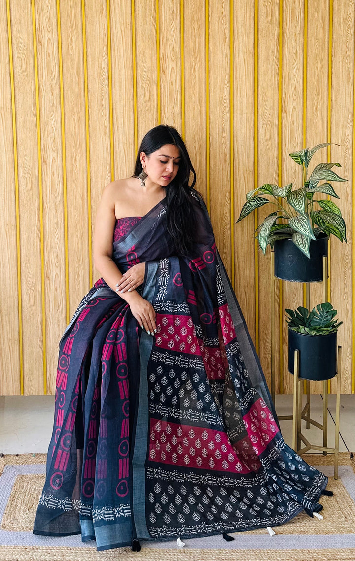 Black And Maroon Aarya-2 Soft Linen Cotton Digital Print Sarees With Batik Print With Silver Border