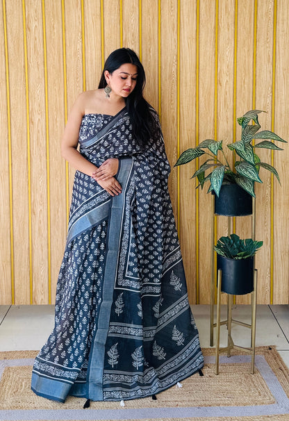 Black Aarya-1 Soft Linen Cotton Digital Print Sarees With Batik Print With Silver Border