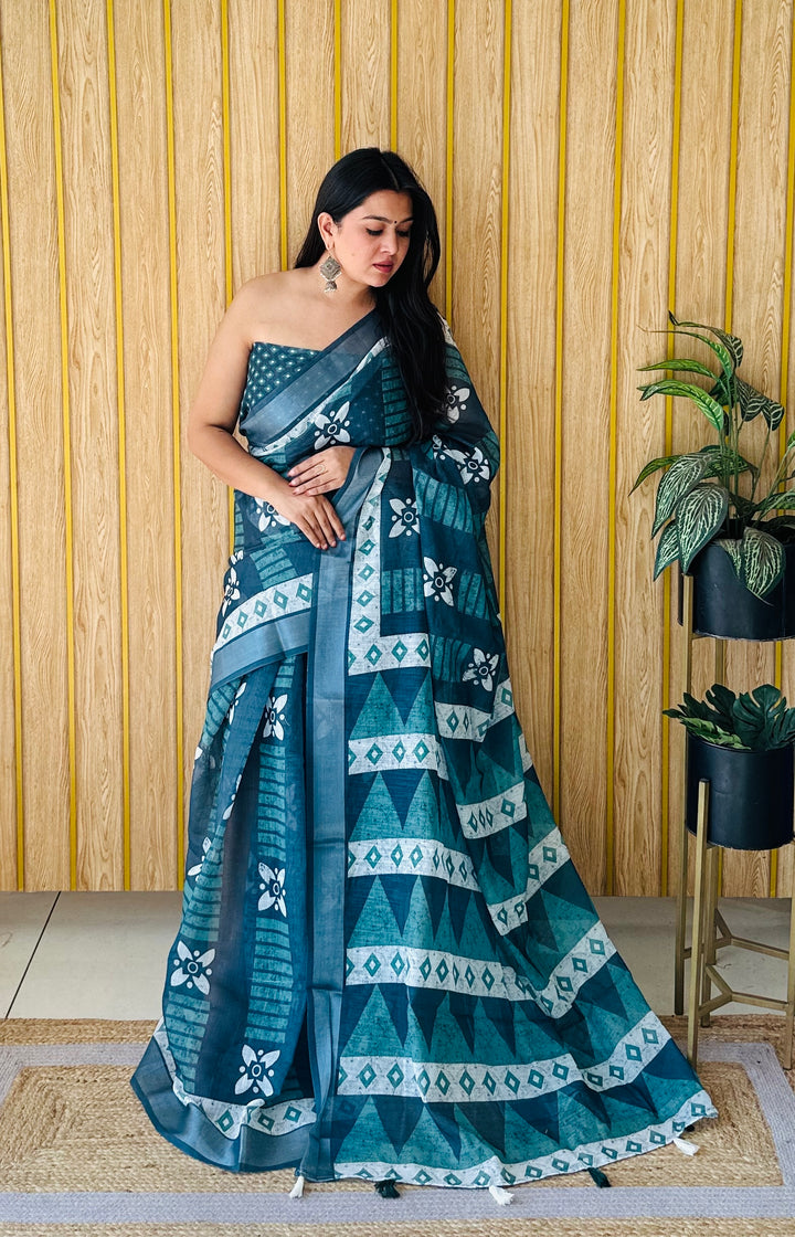 Light Green Shukriya Soft Linen Cotton Digital Print Saree With Batik Print With Silver Border