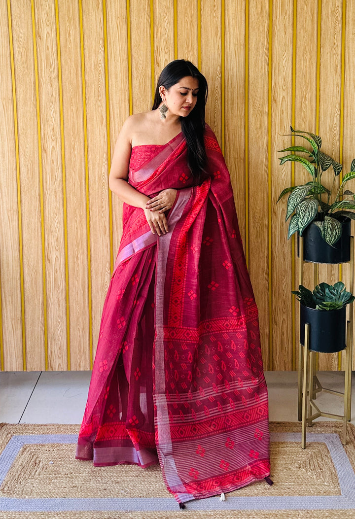 Maroon Khushboo Soft Linen Cotton Digital Print Sarees With Batik Print With Silver Border