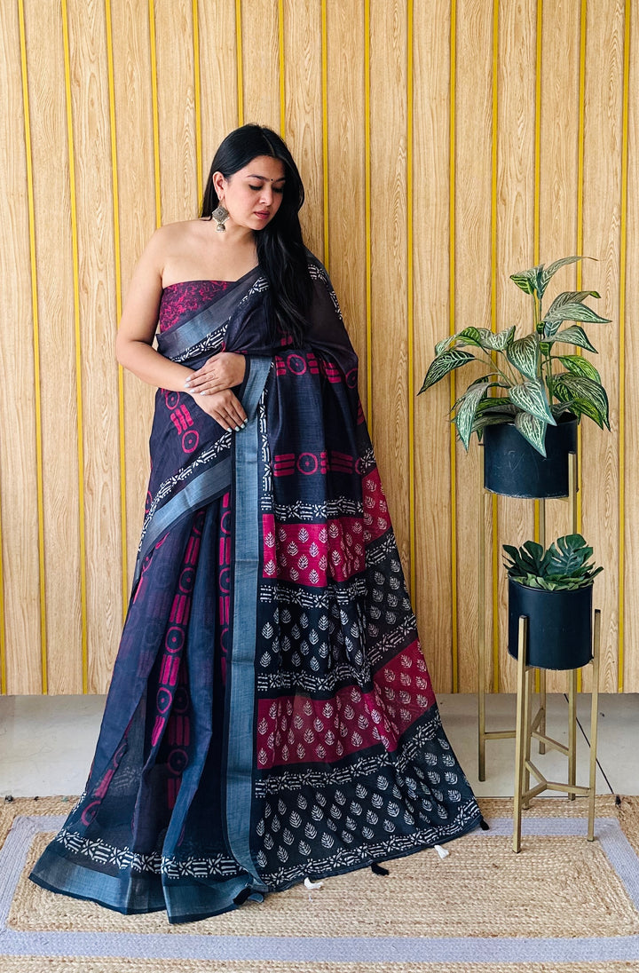 Black And Maroon Aarya-2 Soft Linen Cotton Digital Print Sarees With Batik Print With Silver Border