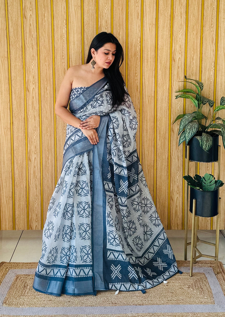 Anchor Gray Namrata Soft Linen Cotton Digital Print Sarees With Batik Print With Silver Border