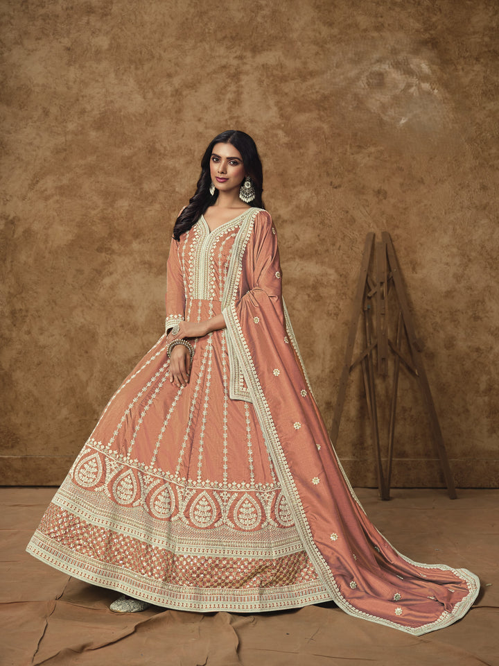 Peach Color Dolla Silk With Embroidery And Sequins Work Anarkali Dress