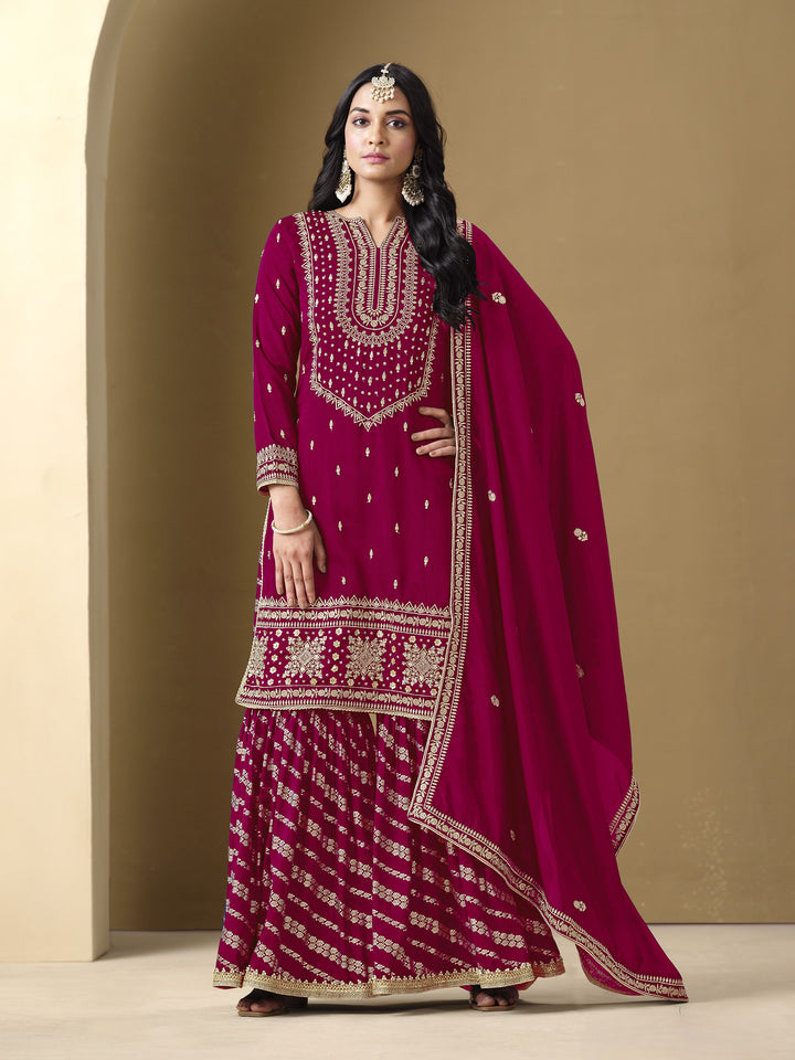 Pink Color Art Silk With Embroidery And Sequins Work Top And Plazzo