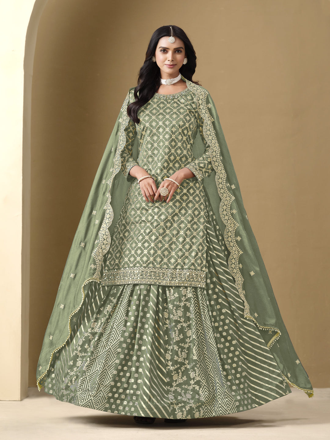 Light Green Color Art Silk With Embroidery And Sequins Work Top And Lehenga