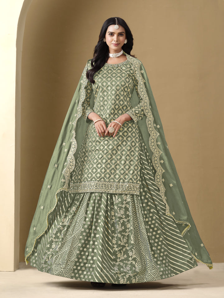 Light Green Color Art Silk With Embroidery And Sequins Work Top And Lehenga
