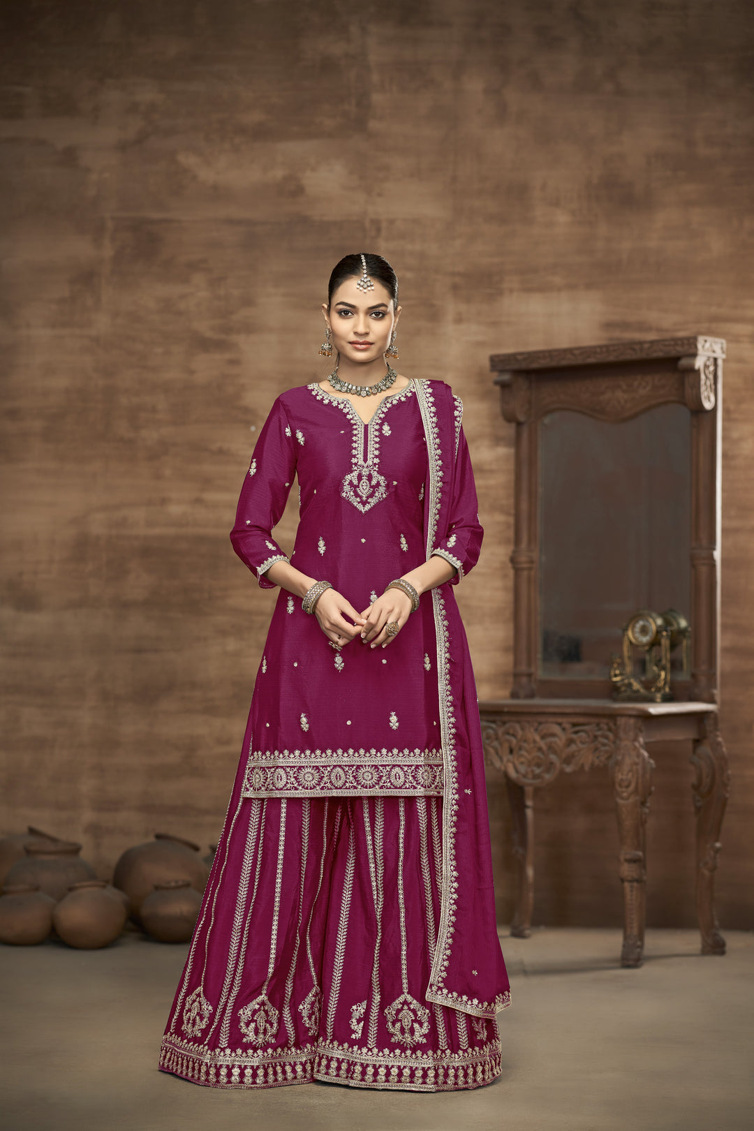 Dark Pink Color Chinnon With Embroidery And Sequins Work Top And Plazo