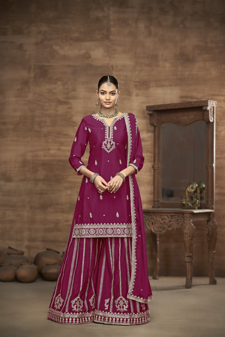Dark Pink Color Chinnon With Embroidery And Sequins Work Top And Plazo