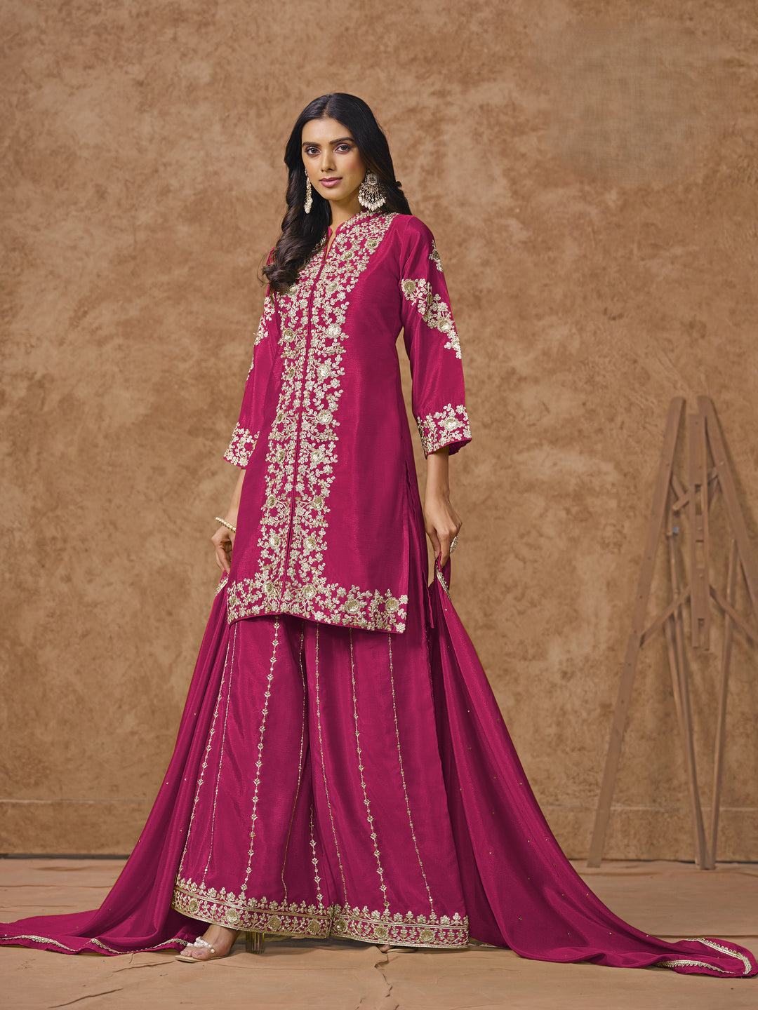 Dark Pink Color Chinnon With Embroidery And Sequins Work Top And Plazo