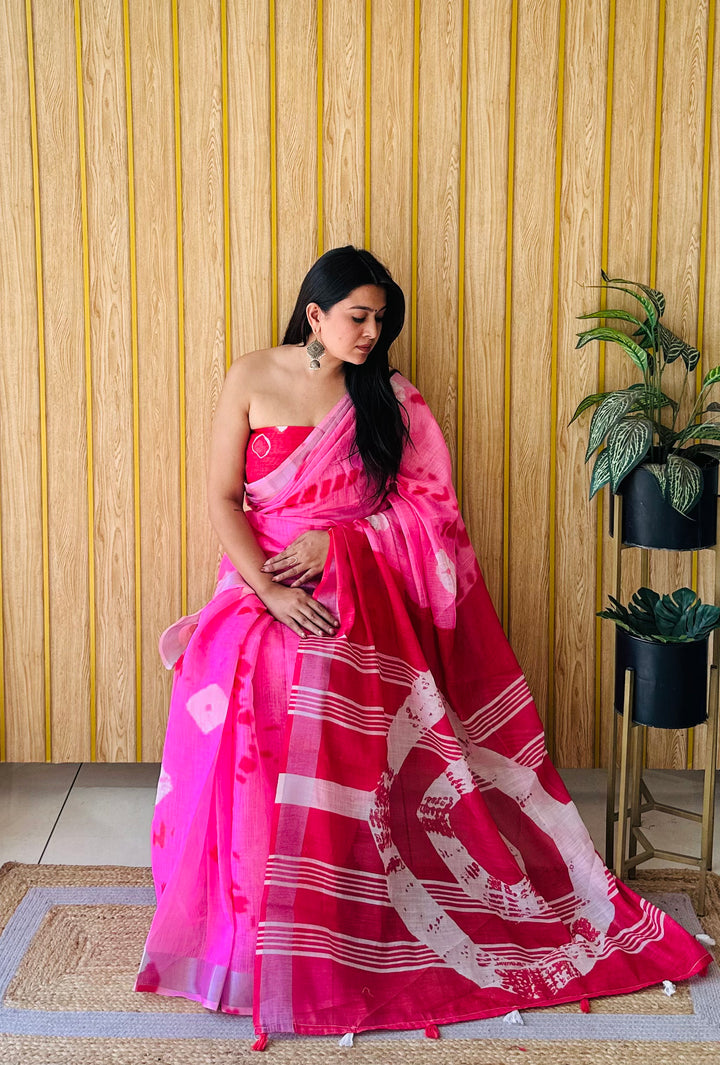 Dark Pink Namrata Soft Linen Cotton Digital Print Sarees With Batik Print With Silver Border