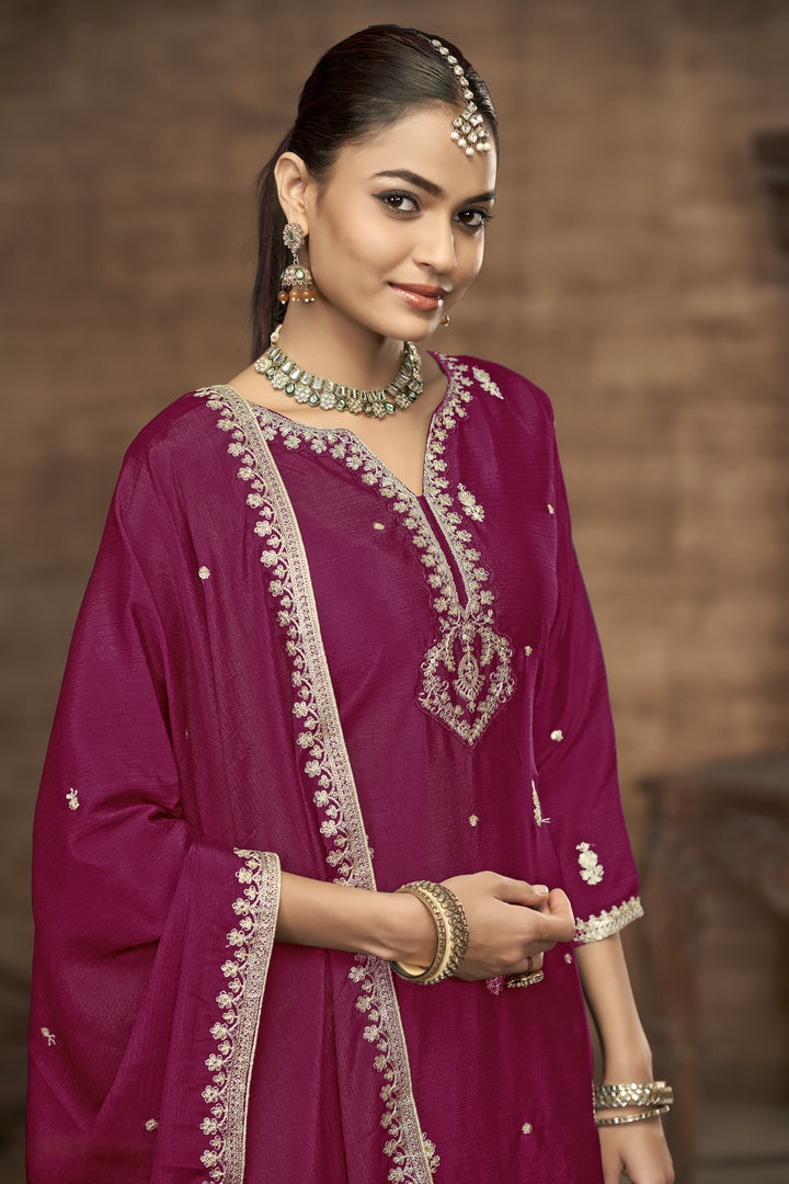 Dark Pink Color Chinnon With Embroidery And Sequins Work Top And Plazo
