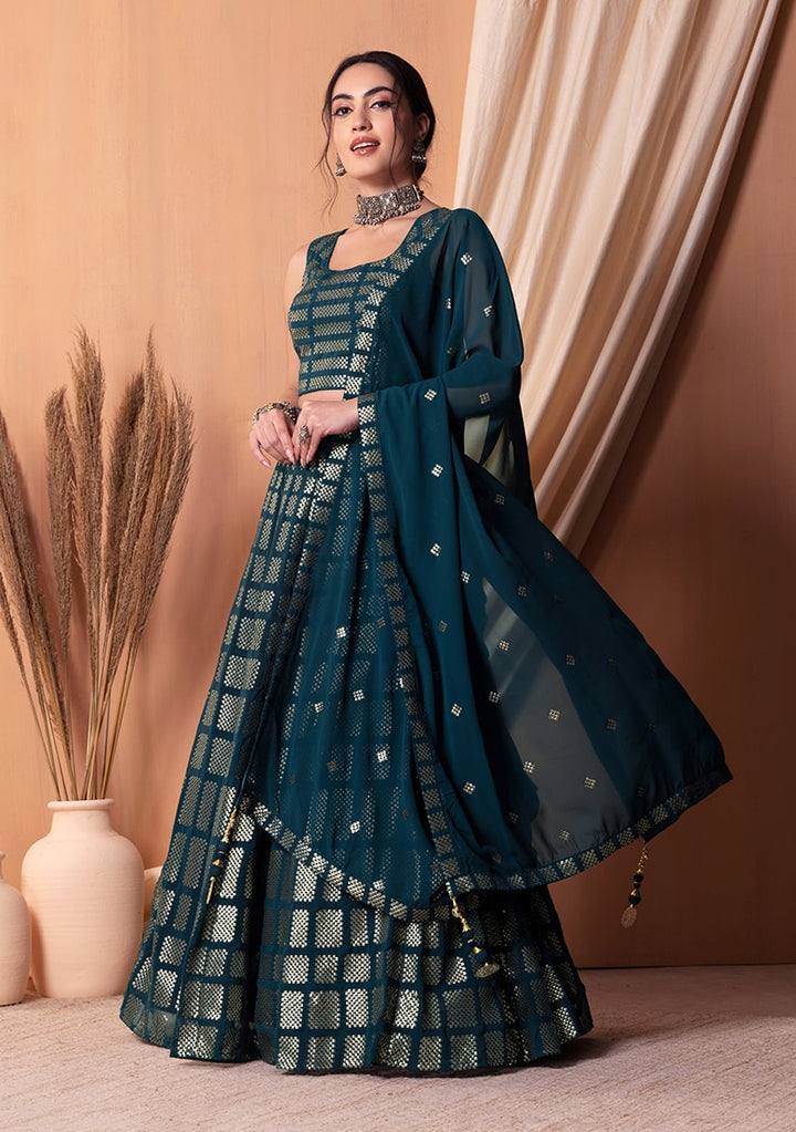 Teal Blue Color Georgette With Sequins & Thread Embroidery Work Lehenga Choli