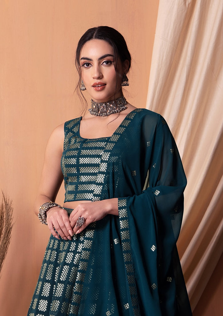 Teal Blue Color Georgette With Sequins & Thread Embroidery Work Lehenga Choli