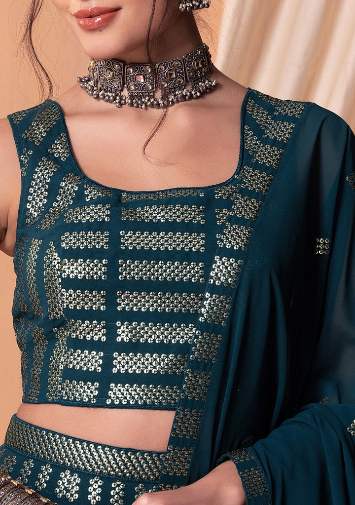 Teal Blue Color Georgette With Sequins & Thread Embroidery Work Lehenga Choli
