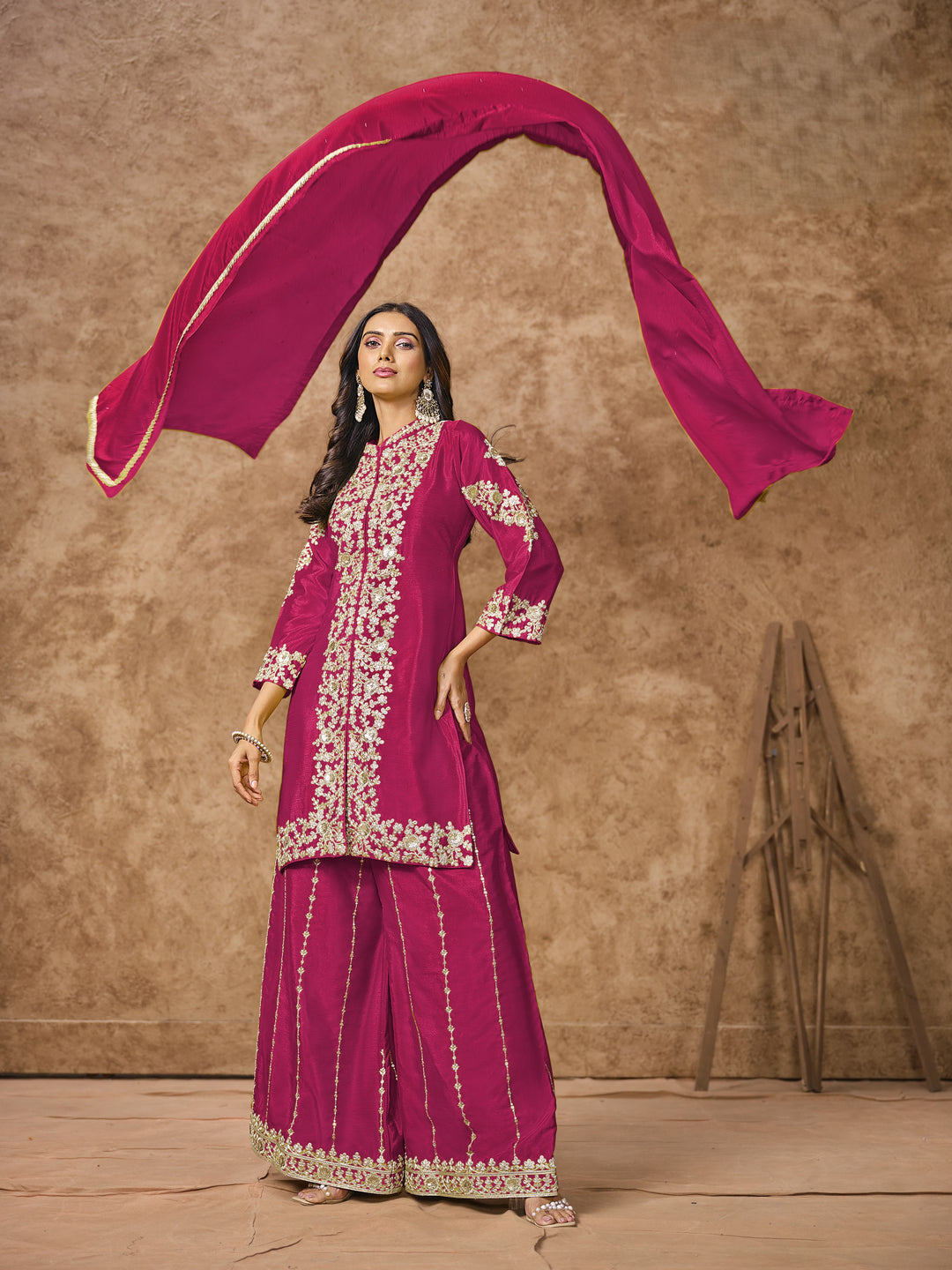 Dark Pink Color Chinnon With Embroidery And Sequins Work Top And Plazo