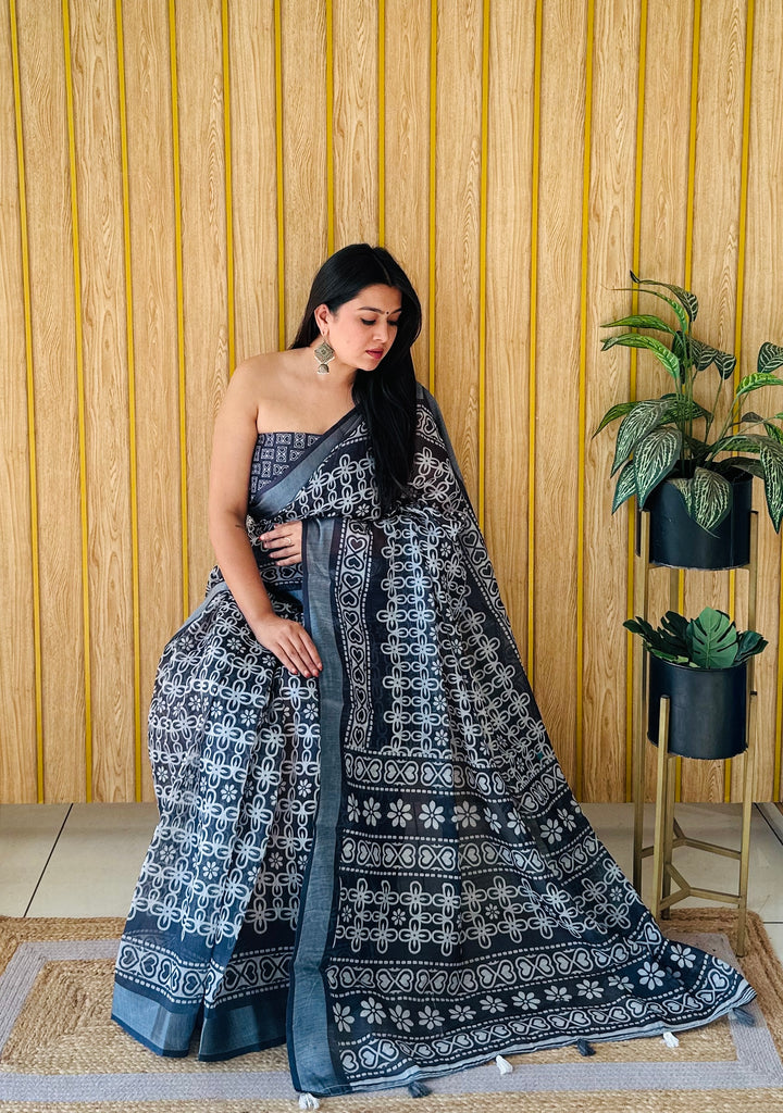 Black And White Namrata Soft Linen Cotton Digital Print Sarees With Batik Print With Silver Border