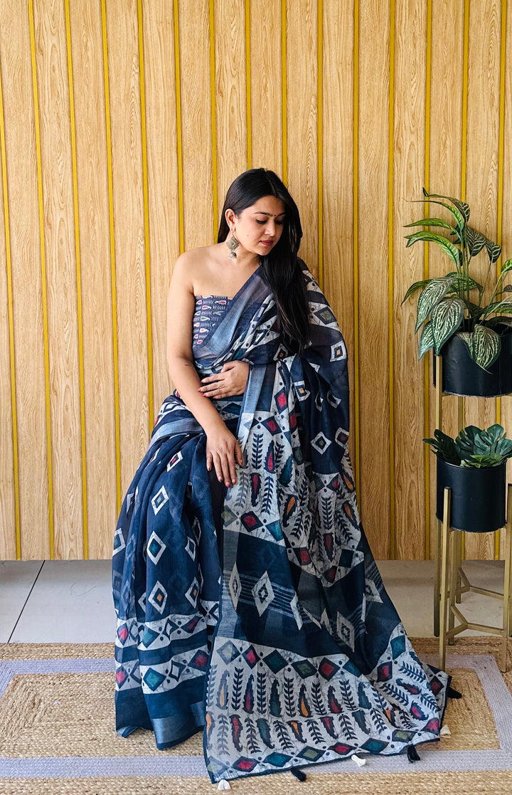 Navy Blue Khushboo Soft Linen Cotton Digital Print Sarees With Batik Print With Silver Border