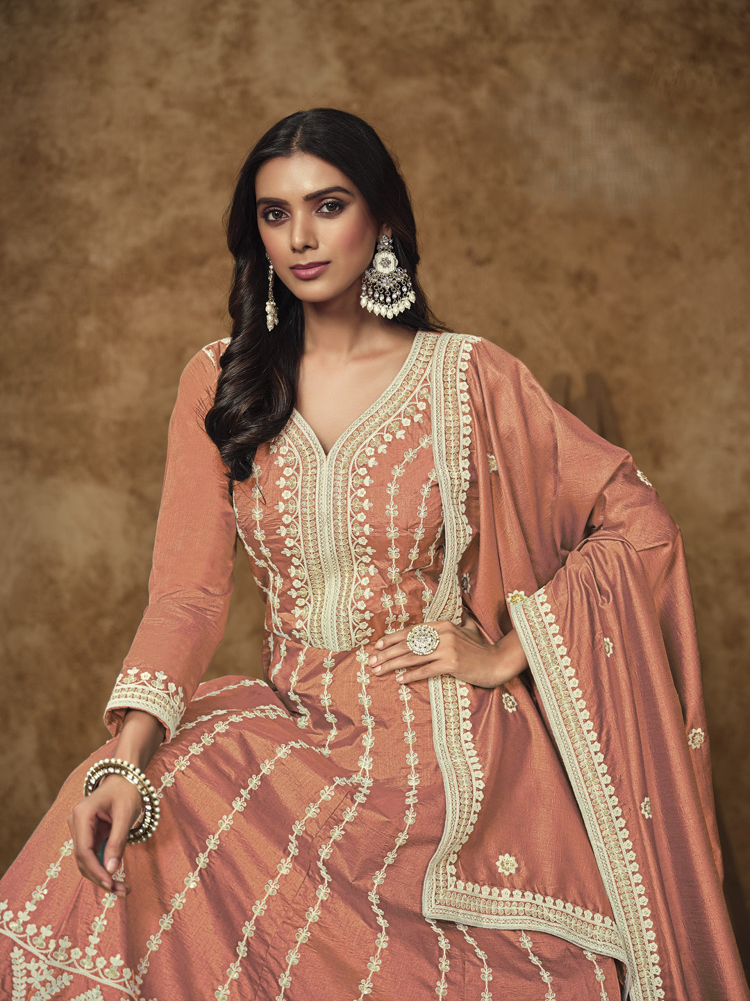 Peach Color Dolla Silk With Embroidery And Sequins Work Anarkali Dress
