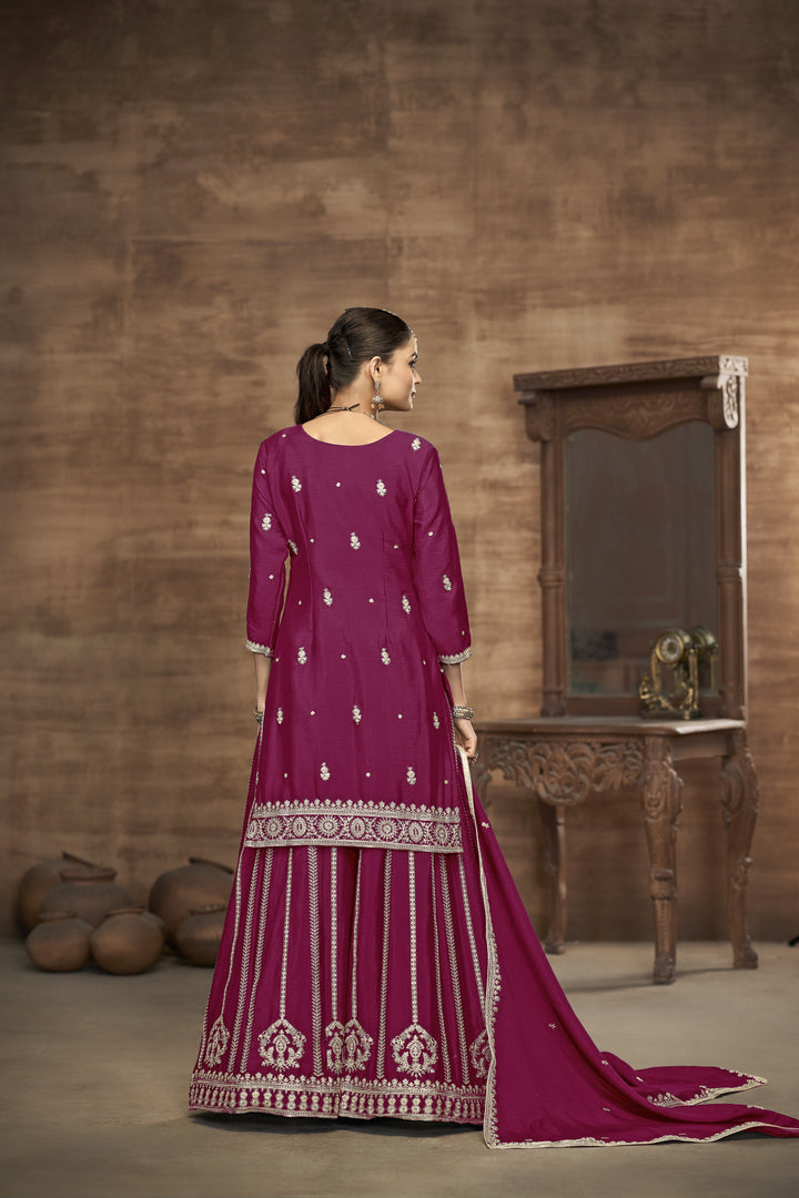 Dark Pink Color Chinnon With Embroidery And Sequins Work Top And Plazo
