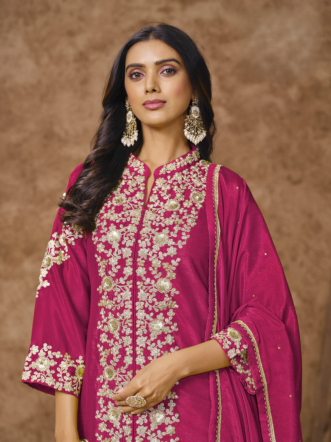 Dark Pink Color Chinnon With Embroidery And Sequins Work Top And Plazo