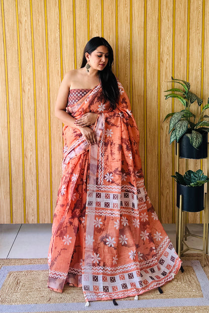 Orange Khushboo Soft Linen Cotton Digital Print Sarees With Batik Print With Silver Border