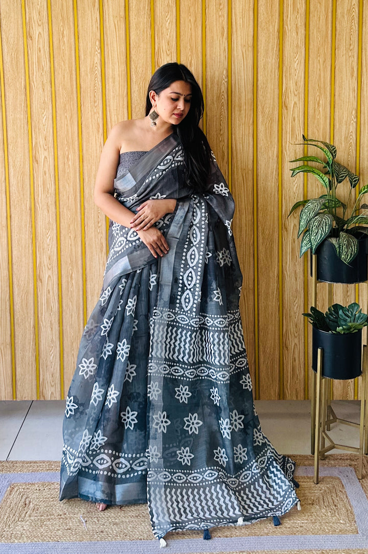 Green Khushboo Soft Linen Cotton Digital Print Sarees With Batik Print With Silver Border